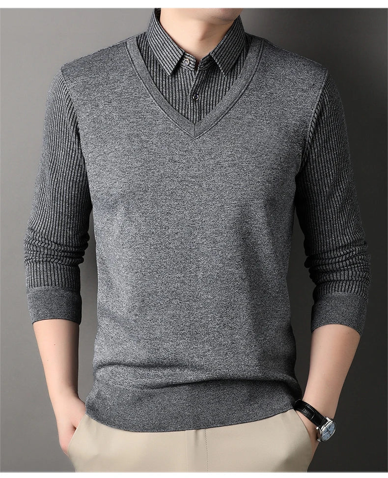 Men's Long Sve Fce Lined Knitted irt Busin Casual Sle Winter Warm Top Fake Two-Piece Design Comfortable Fit