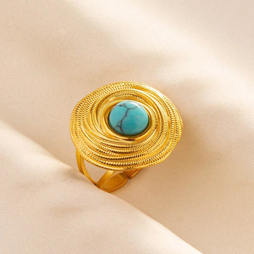 Classic Retro Turquoise Finger Jewelry Stainless Steel Rings For Women Men Accessories Open Adjustable 18k Real Gold Plated Ring
