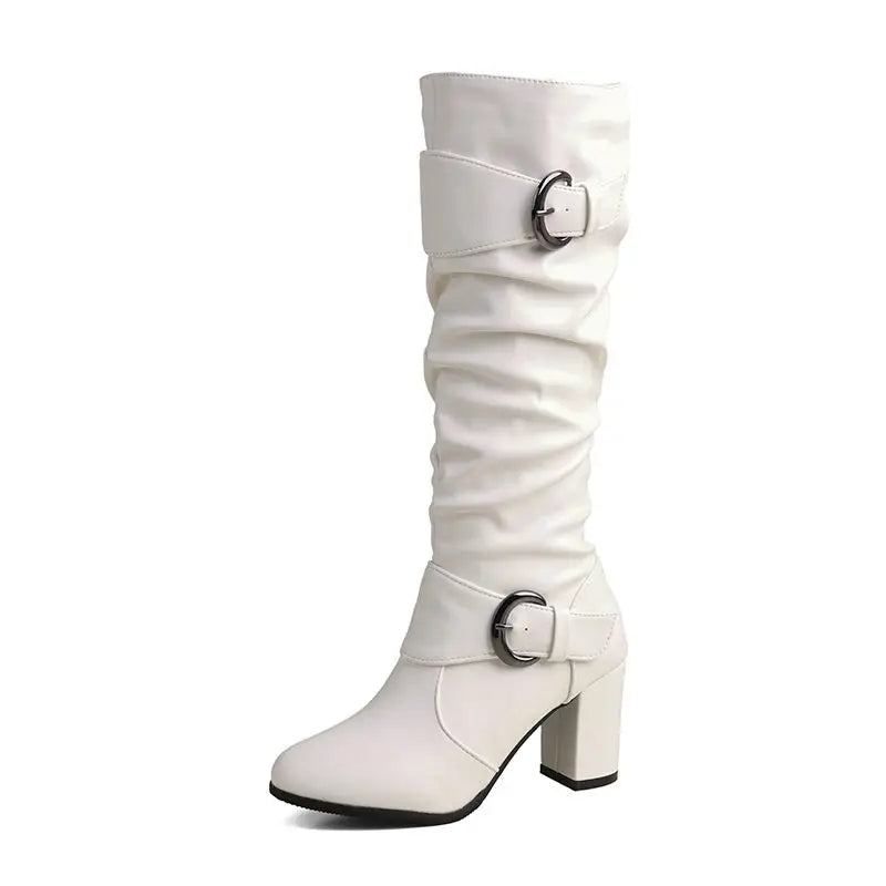 REAVE CAT Classic Women Knee High Boots Round Toe Block Heels 7.5cm 51 52 Pleated Fashion Booties