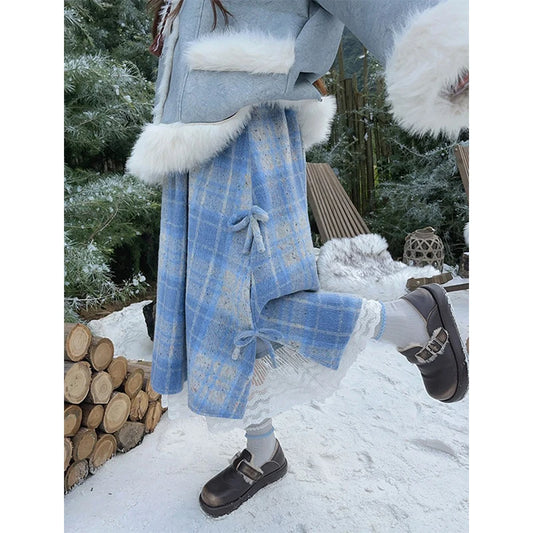 MEXZT Vintage Plaid Woolen Midi Skirt Women Japanese Kawaii Bow Lace Patchwork Skirts Winter Harajuku Cute Casual A Line Faldas