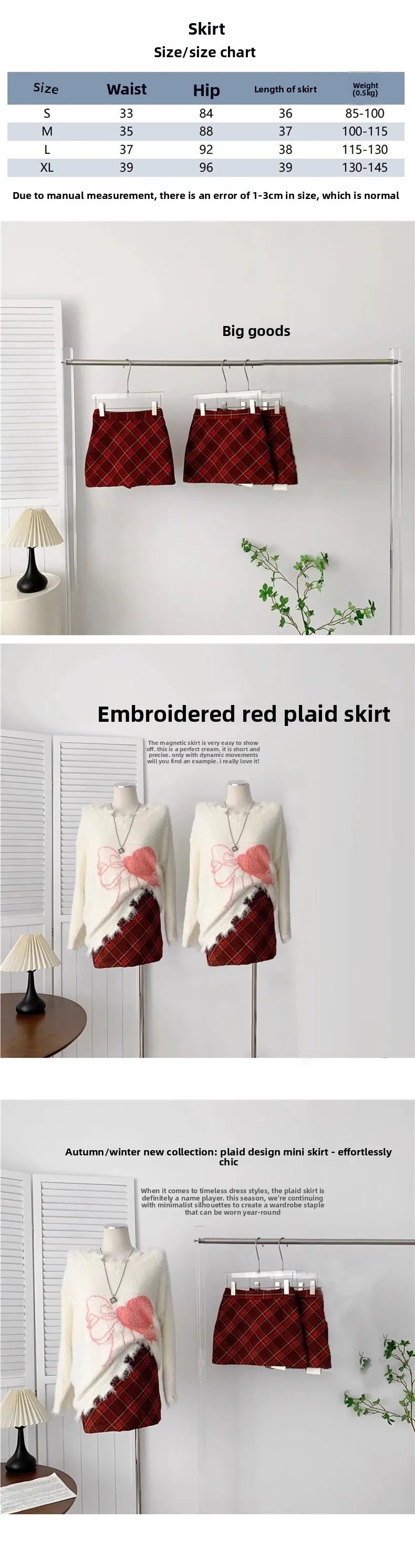 High Waist Plaid Mini Skirt Autumn Winter Woolen A- Line Skirt Short Skirt Retro Red Grids Half Body Skirt Small Size