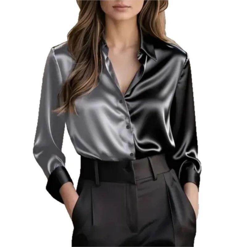 Luxury Satin Finish Shirts And Blouses For Women Clothes Casual Top OL Long Sleeve Single Breasted Elegant French Solid Blouses