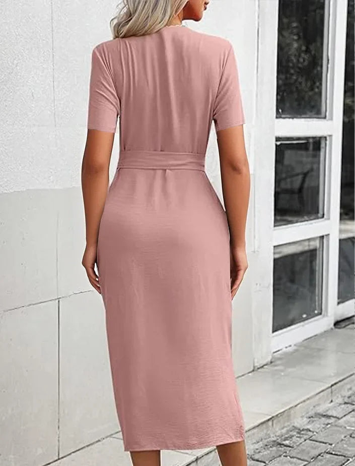 Casual Short Sleeve Women's Shirt Dress Solid Color Lapel Button Cinched Temperament Slit Dress Spring Summer New Commuter Dress
