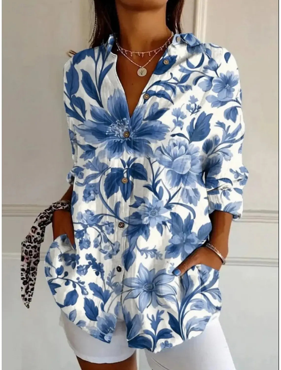 Women's Shirts Floral Active Stylish Buttons Blouse Lapel Neck Blouse Womens Long Sleeve Shirts Womens Clothing Female Clothing