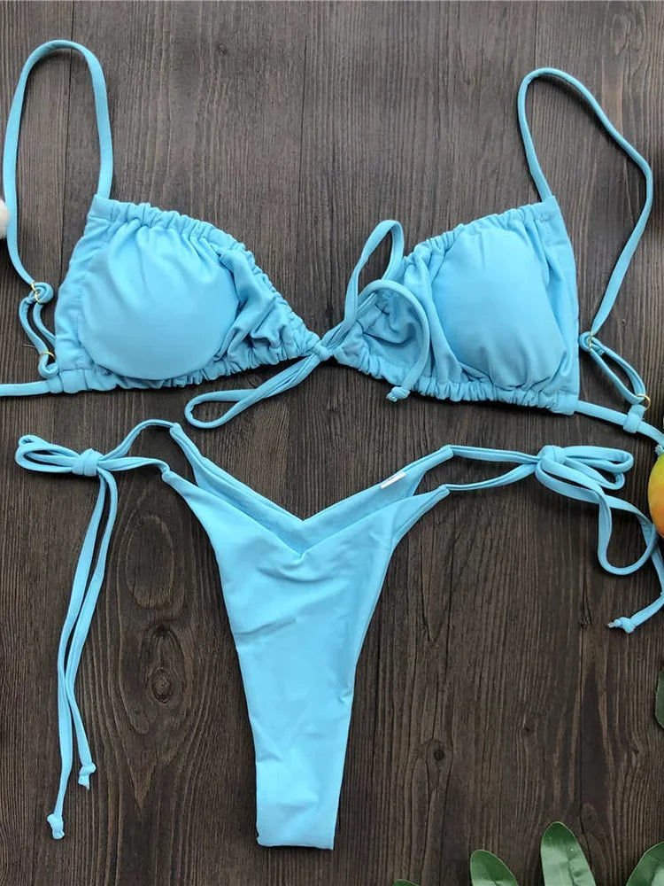 Sexy Printed Ruffled Frilled Thong Bikini Women Swimwear Female Swimsuit Two Pieces Bikini set Micro String Bathing Suit Swim