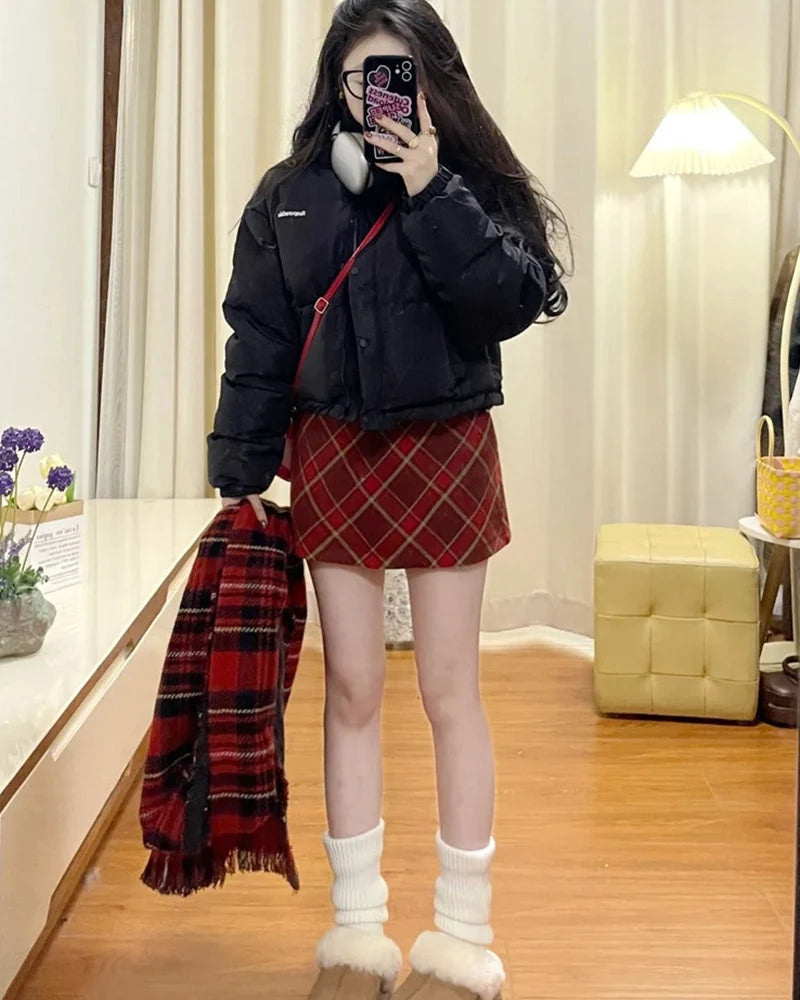 Autumn Winter Woolen Plaid Mini Skirt for Women College Casual All Match Short Skirts Woman Thicken Warm High Waist A-Line Skirt