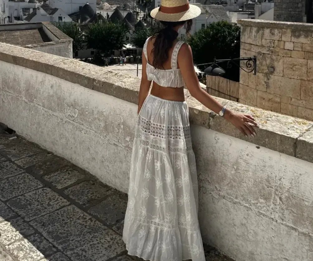 Women White Summer Outfit Botanical Garden Maxi Skirt