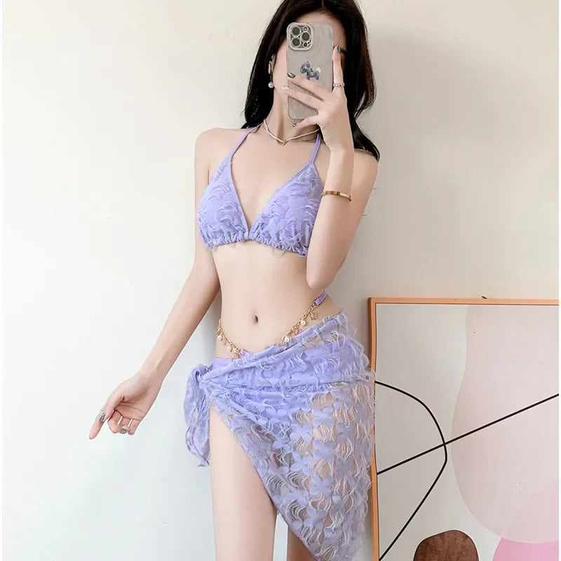 Sexy Slimming Bikini Three-Piece Swimsuit Women's Ins Style Purple Swimwear Show off Your Curves in This Trendy Bikini Set