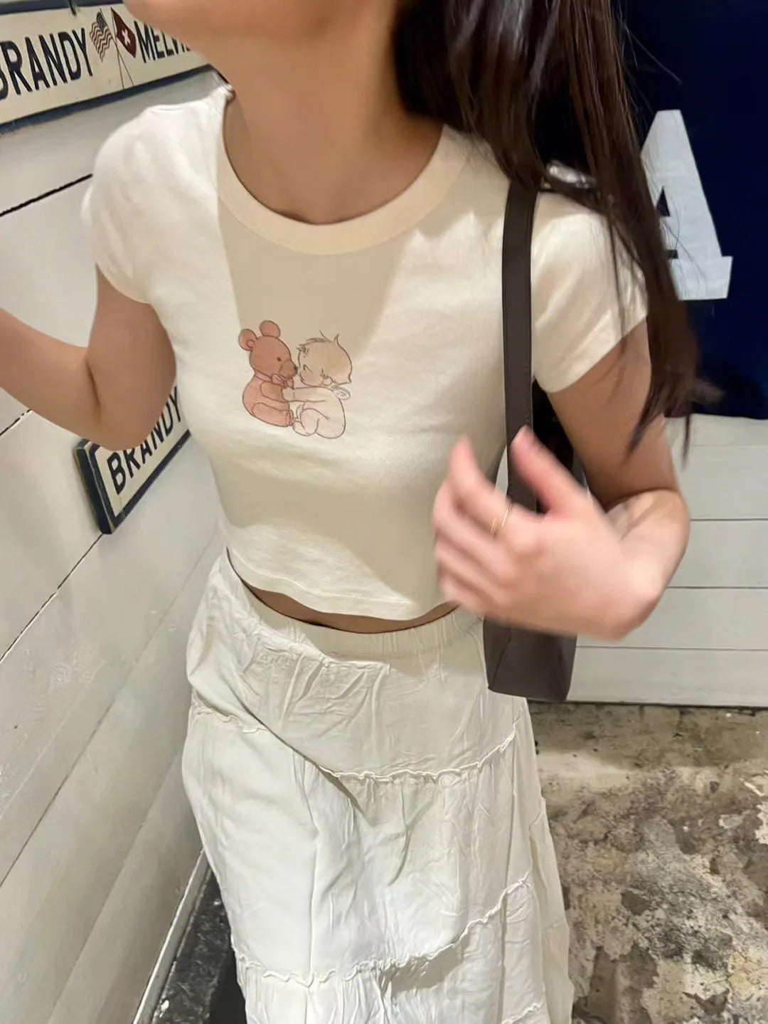 Cartoon Print Beige T-shirts Women 2024 Summer Streetwear Round Neck Short Sleeve T Shirt Female Vintage Chic Y2k Crop Top