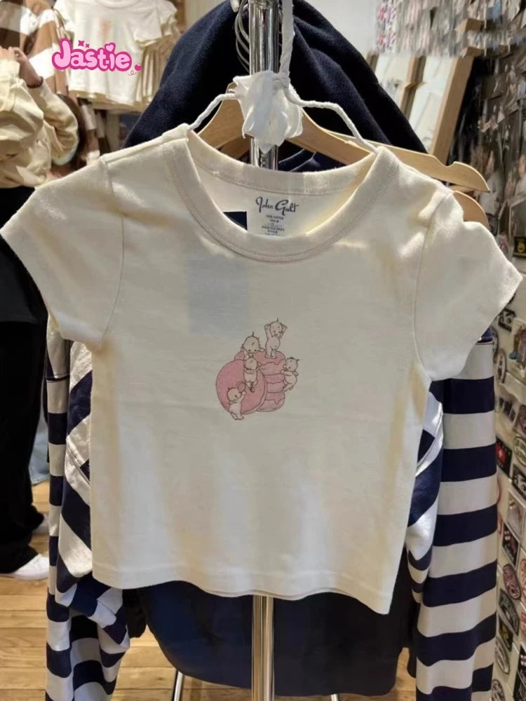 Cartoon Print Beige T-shirts Women 2024 Summer Streetwear Round Neck Short Sleeve T Shirt Female Vintage Chic Y2k Crop Top