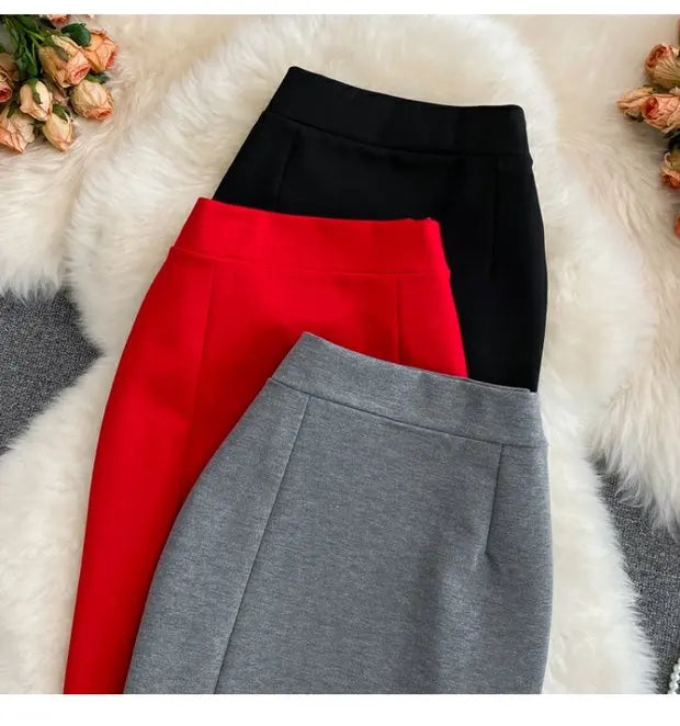 High Waist Midi Skirt Women's OL Profional Slimming Side Slit Wrap around A-Line One Step Skirt Korean Sle Commute Pure ...