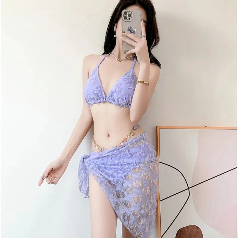 Sexy Slimming Bikini Three-Piece Swimsuit Women's Ins Style Purple Swimwear Show off Your Curves in This Trendy Bikini Set