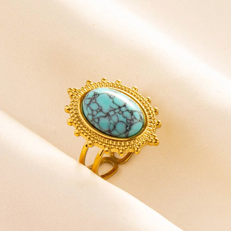Classic Retro Turquoise Finger Jewelry Stainless Steel Rings For Women Men Accessories Open Adjustable 18k Real Gold Plated Ring