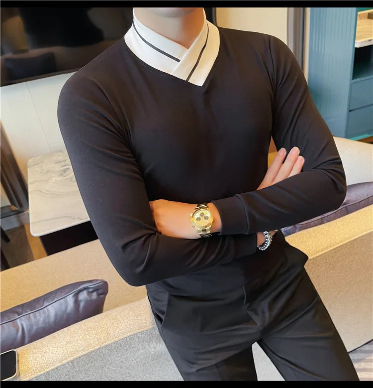 Autumn Winter Men's Mock Neck Long Sleeved T-shirt Slim Fit Elastic Solid Color Base Shirt Versatile Casual Business T-shirts