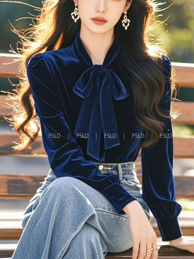 Vintage Blue Velvet Shirt Tops Spring Autumn Long Sleeve Bow Lacing All-match Temperament Blouse Office Elegant Women Clothing