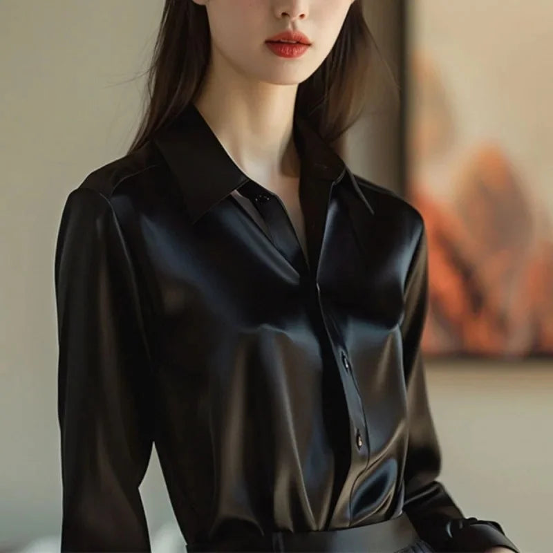 Elegant Women's Long Sleeve Shirt 2024 Spring New Style Business Casual Silky Smooth Top Versatile With Button