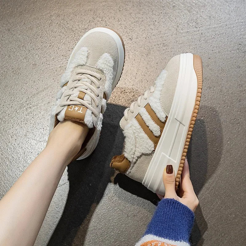 6CM Pink Natural Genuine Leather Fashion Breathable Casual Women's Shoes Platform Warm Plush Winter Autumn Comfy Ankle Booties