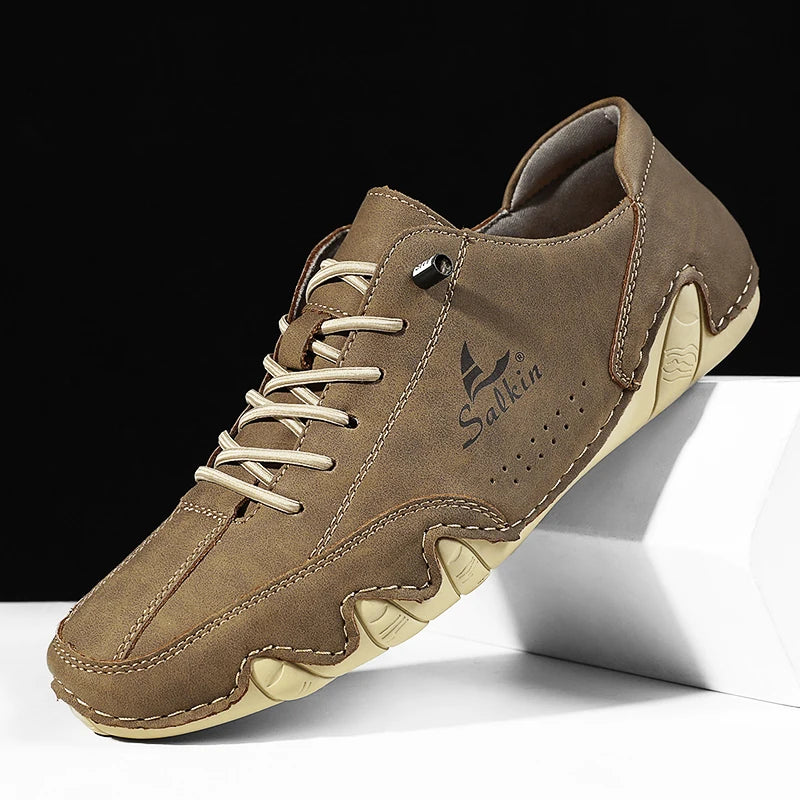 New 2025 Fashion Handmade Leather Casual Men Shoes Design Sneakers Slip On Loafers Breathable Low Top Flats Driving Plus Size