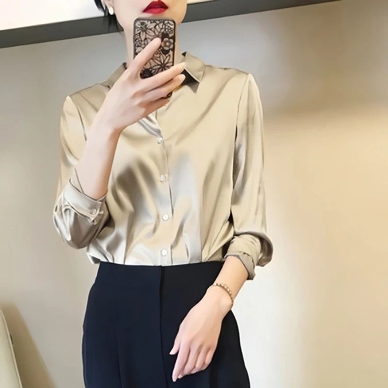 Luxury Satin Finish Shirts And Blouses For Women Clothes Casual Top OL Long Sleeve Single Breasted Elegant French Solid Blouses