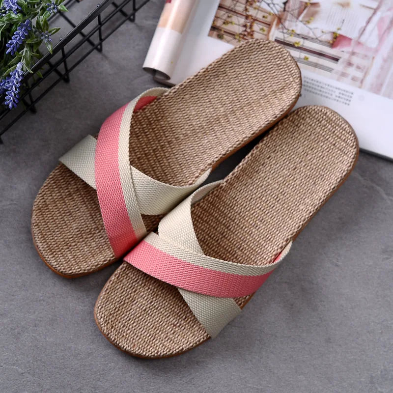 Women's EVA Linen Slippers Couple Indoor Slippers Cotton Home Non-slip Thick Bottom Summer Sandal Slippers Men