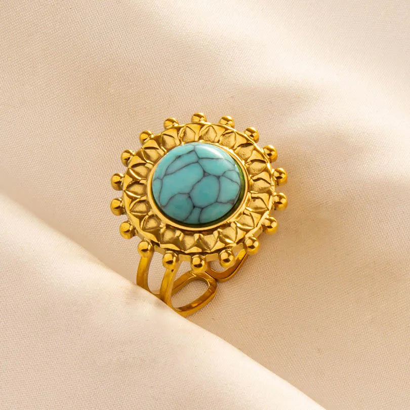 Classic Retro Turquoise Finger Jewelry Stainless Steel Rings For Women Men Accessories Open Adjustable 18k Real Gold Plated Ring