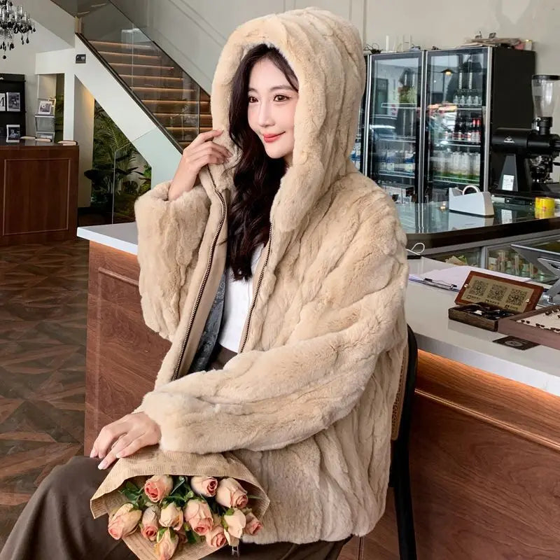 100% Real Rabbit Fur Coat Women Winter Loose Hooded Zipper Natural Fur Jacket Thick Warm Woman Clothing Female Furry Outerwears