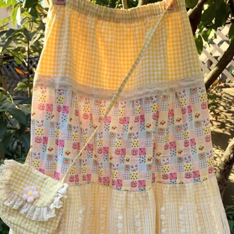 2025 New Summer Vintage Stitching Print Skirts Sweet Loose Design Cake Skirt Women Korean Fashion Patchwork Retro Outfits Beach