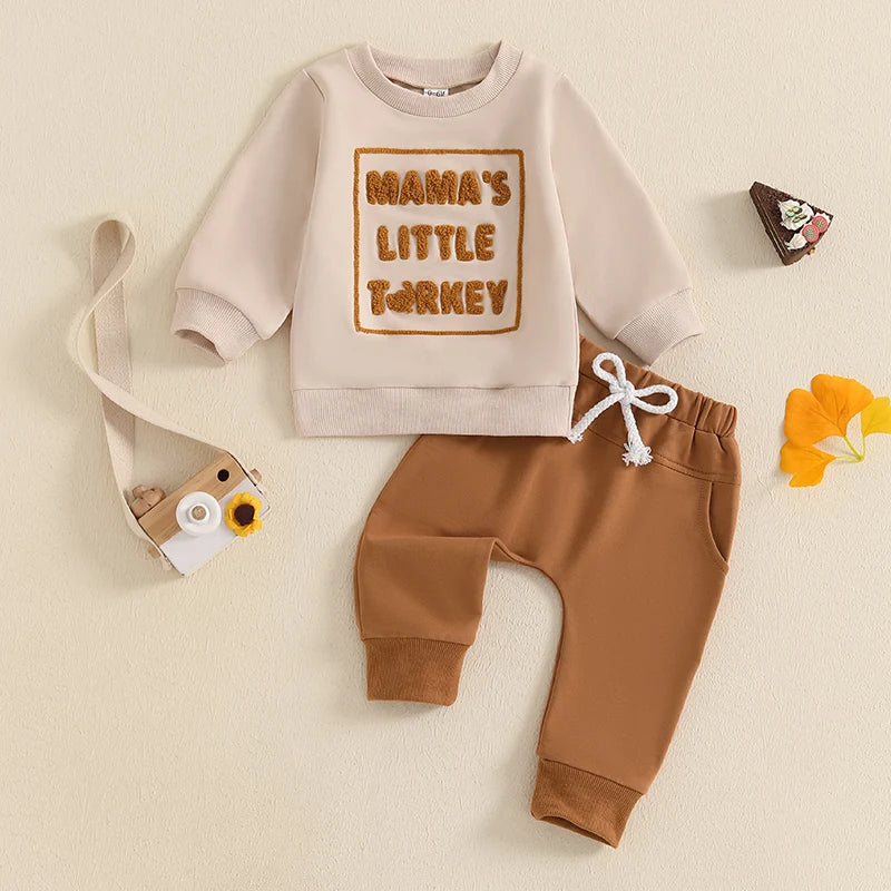 Adorable Baby Thanksgiving Clothes Set with Cute Embroidered Sweatshirt and Solid Pants for Toddler Boys and Girls