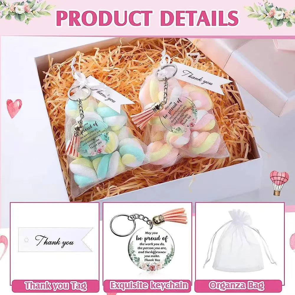 48set Thank You Gift Inspirational Keychains Acrylic Keychain with Tassels Organza Bags for Teacher Birthday Graduation Gift