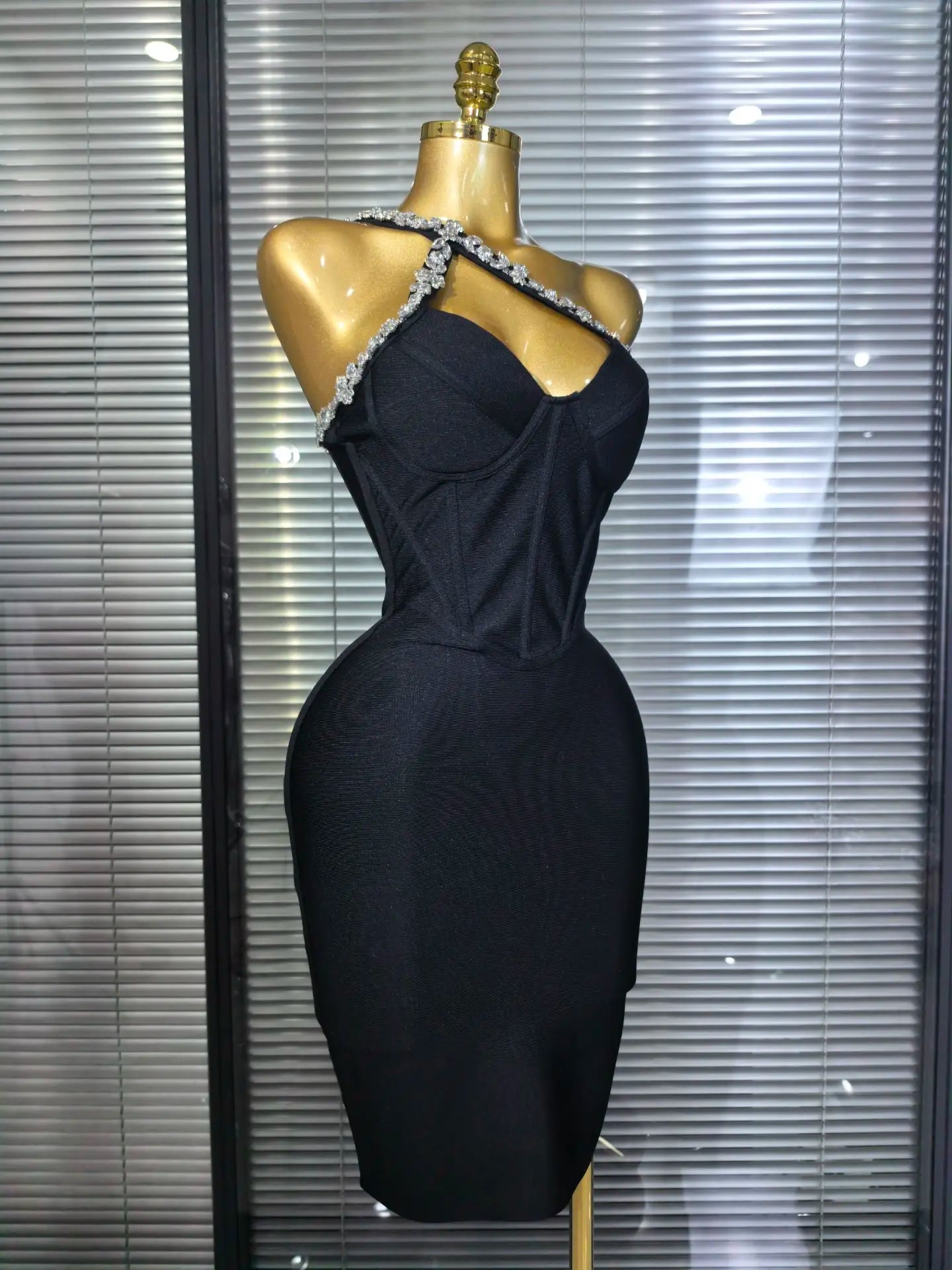 Black Color Women Sexy One Shoulder Shinning Crystal Bodycon Mini Bandage Dress Celebrate Nightclub Party Birthday Outfit