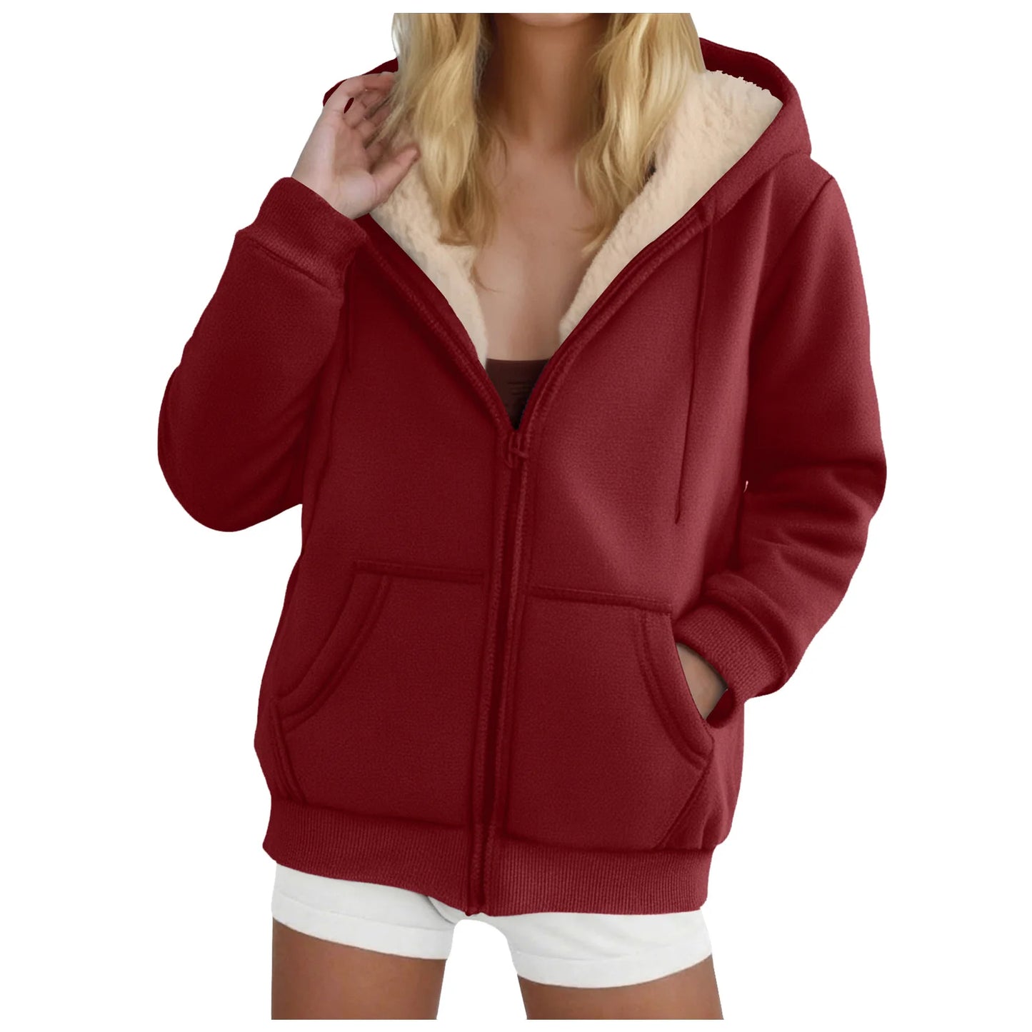 Women's Fleece-Lined Thickened Hooded Sweatshirt Solid Color Autumn Winter Thick Warm Hoodies Zipper Up Pocket Loose Jackets