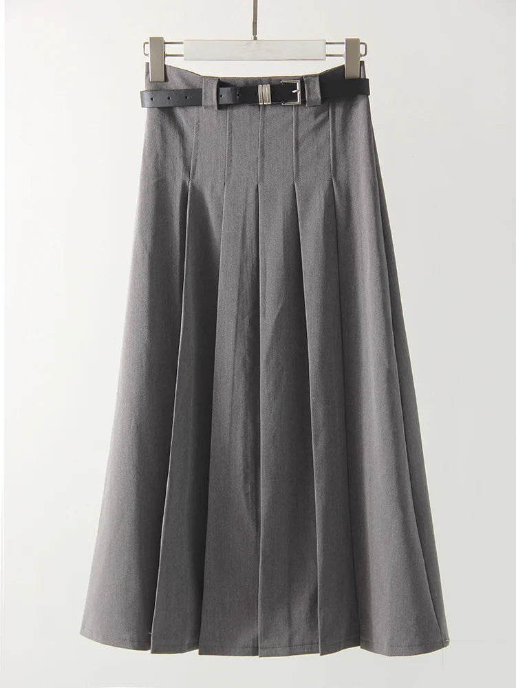 Gray Midi Pleated Skirts For Women Autumn 2024 High Waist A Line Maxi Zipper Skirts For Office Lady Long Skirt Woman Black