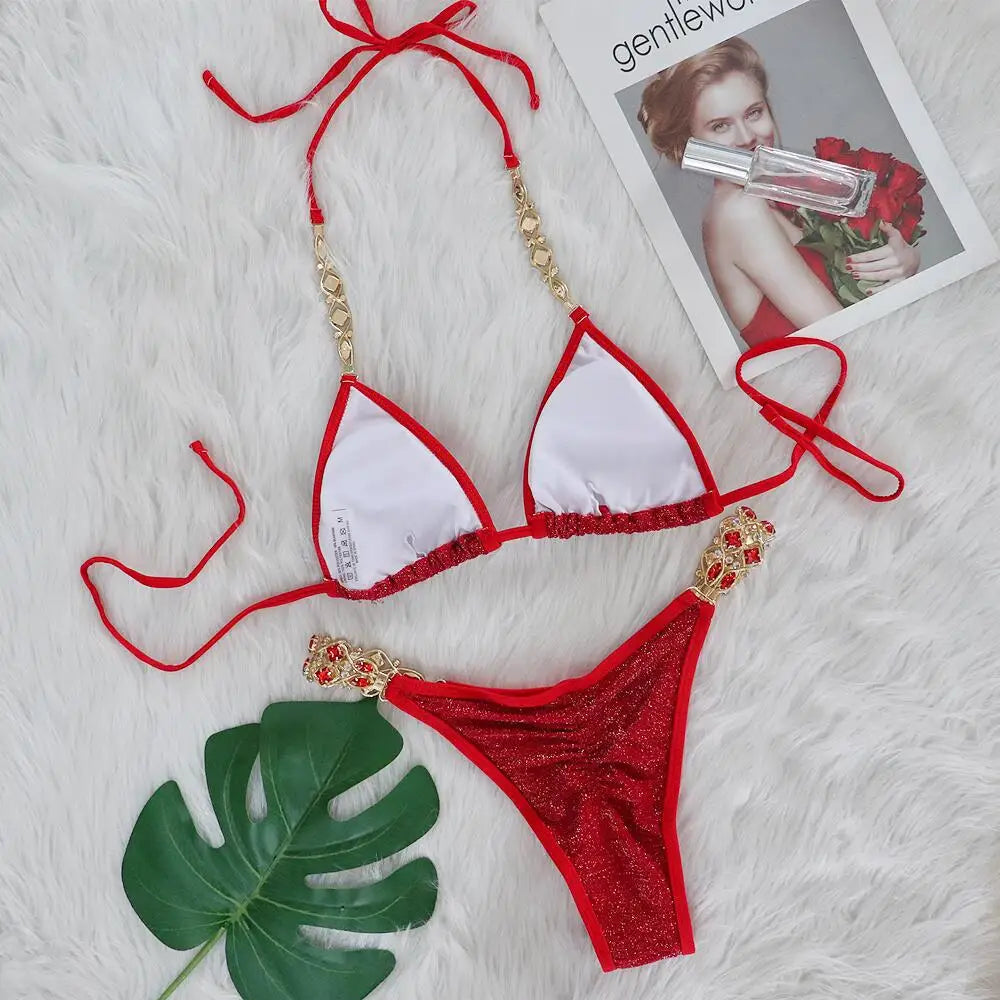 Sexy Bikinis Swimsuits Woman 2025 Luxury Rhinestones Push Up Diamond Thong Swimwear Shiny Gold Beach Bathing Suit Bikini Set