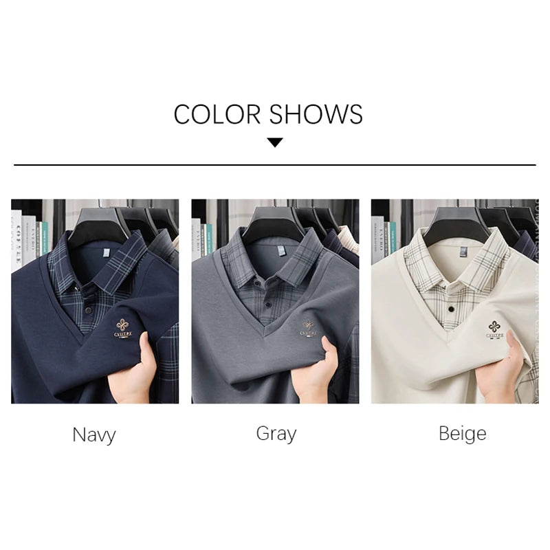 TFETTERS Long Sleeve Polo Shirt Men 2025  Autumn New Business Slim Fake Two Shirt Man Casual Loose Plaid Graphic Shirt for Men