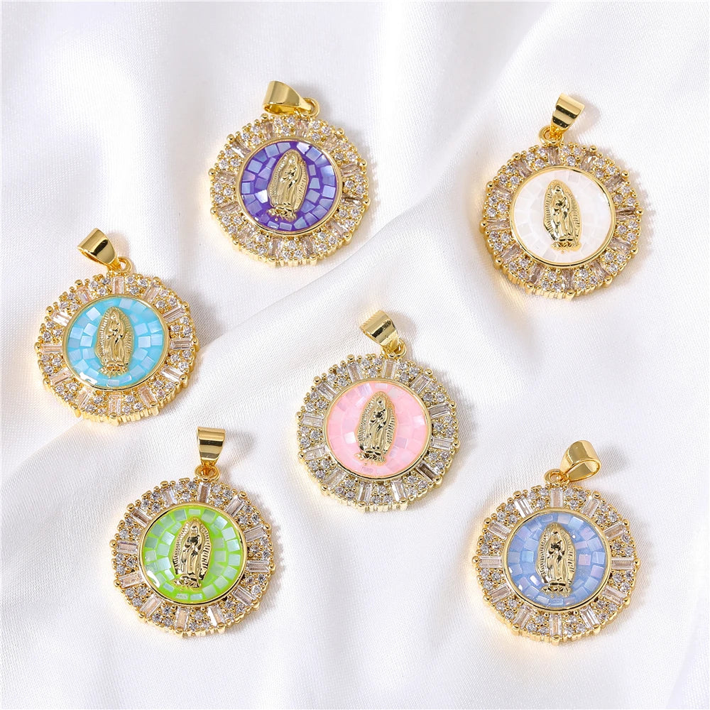Juya 18K Real Gold Plated Religious Pendant Jewelry Making Supplies Creative Saint Mary Virgin Christian Cross Charms Supplies