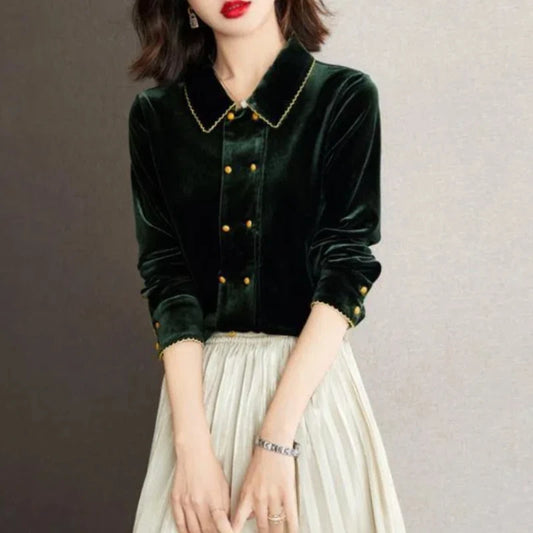 French Style Fashion Elegant Sping Velvet Shirts Women Solid Polo-Neck Single Breasted Temperament Chic Loose Long Sleeve Tops