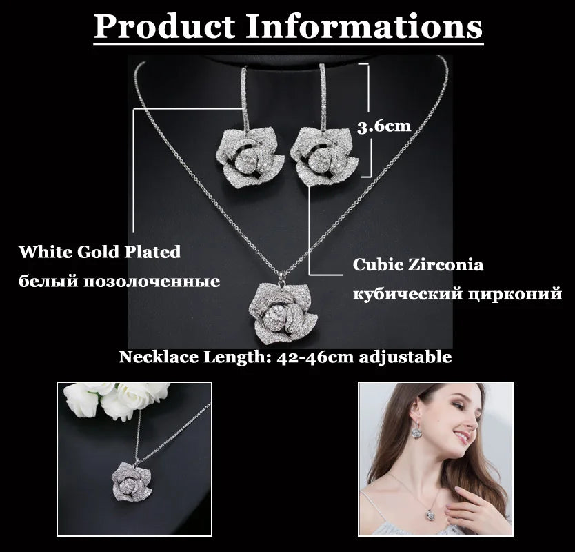 ThreeGraces Elegant Cubic Zirconia White Gold Color Rose Flower Dangle Earrings Necklace Summer Prom Jewelry Set for Women JS594