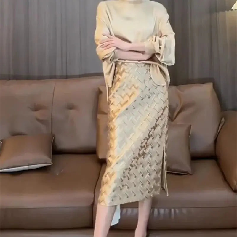 Luxury Women's Woven Satin Skirt Autumn New Fashion Office Lady Midi High Waist A Line Skirt Elegant Party Faldas Mujer 493P