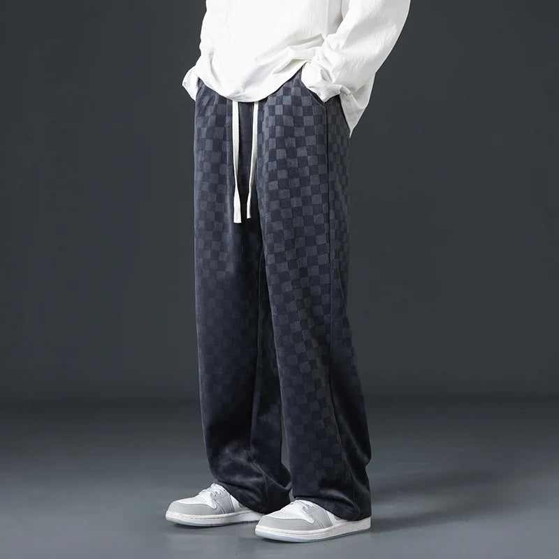 Men's Checkered Velvet Sweatpants, Loose Drawstring Trousers, Trendy Checkered Pattern, Fall and Winter Casual Streetwear