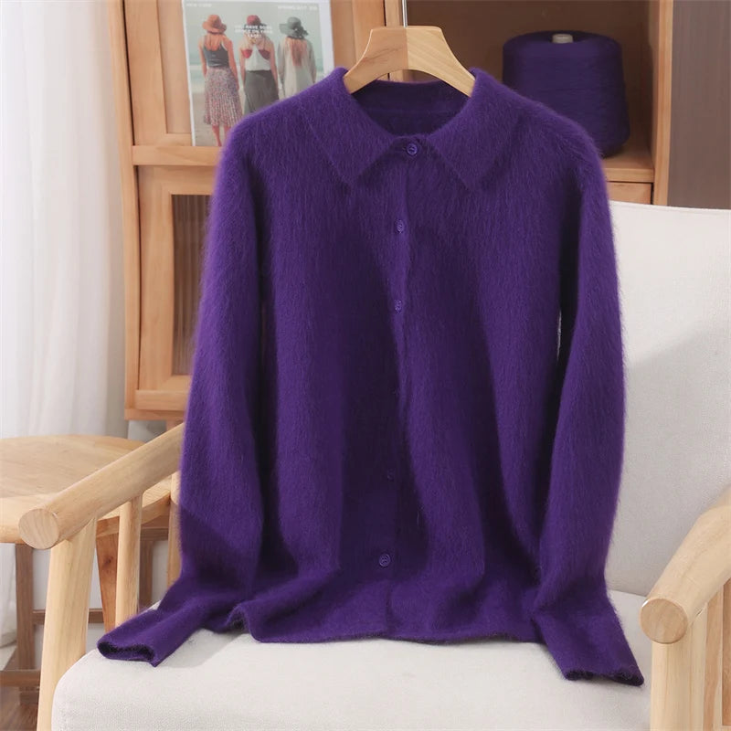 Chic Female Grace Soft Knitwear Women's Polo Collar Button Cardigan 100% Mink Cashmere Sweater Autumn Winter Soft Casual Tops