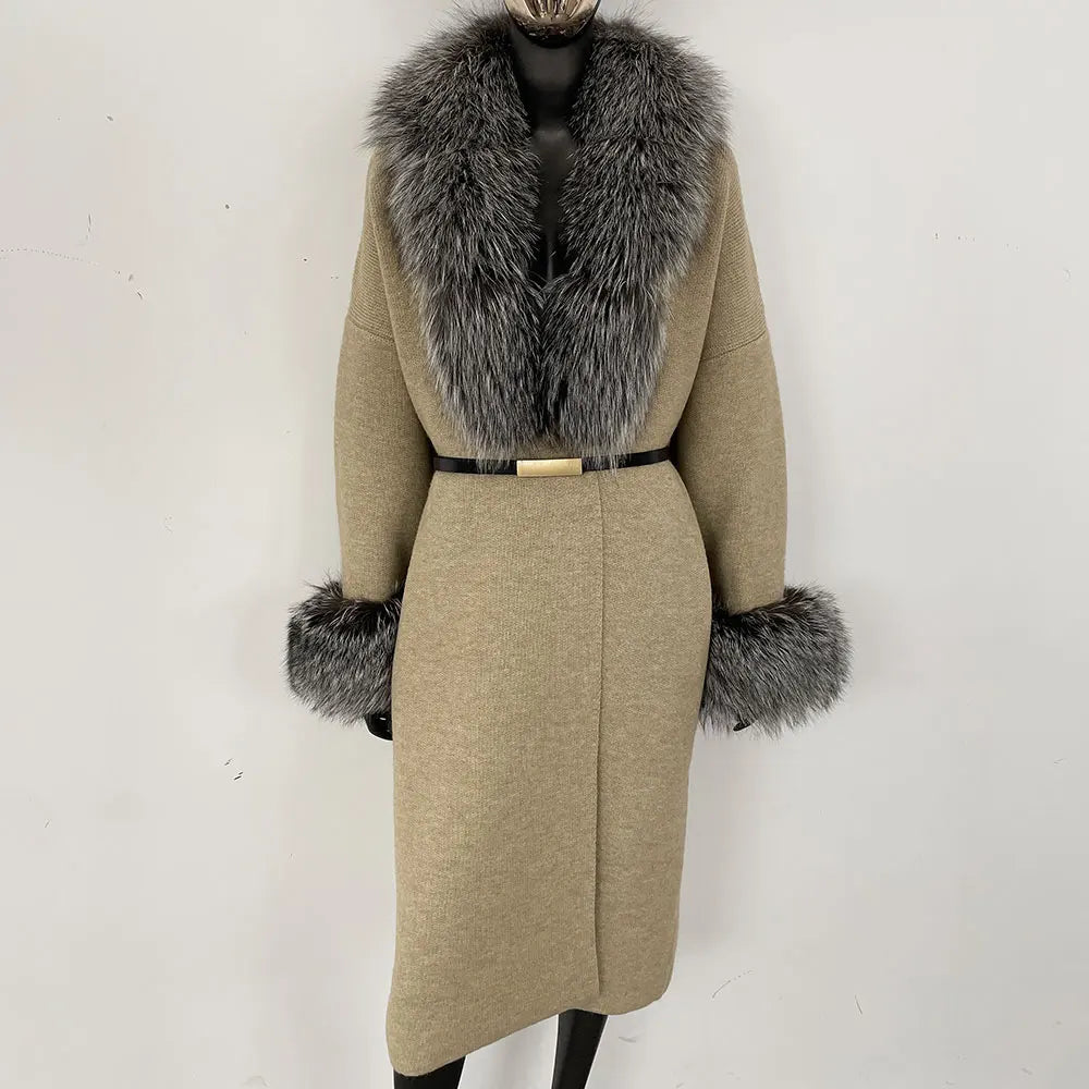 Long Knitwear Coat Women Warm Belt Real Fox Fur Jacket Female 2024 New Autumn Winter Kintted Natural Fur Coat Women
