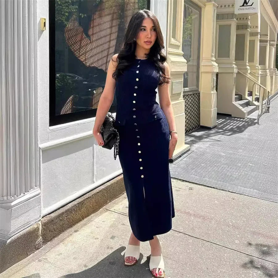 Elegant Knitted Midi Dresses Women's Black White Patchwork Slit Single Breasted Sleeveless Curvy Dress 2025 Summer Street Wear