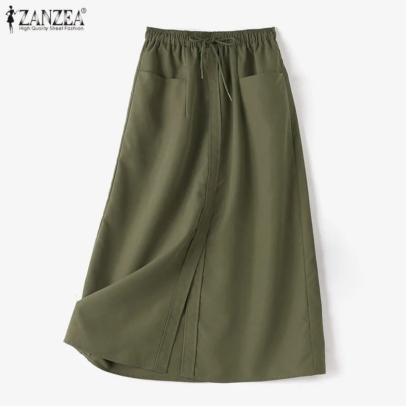 ZANZEA Fashion Women Autumn High Waist Skirts Solid Long Jupes Elegant OL Work Faldas Saia Stylish Holiday Midi Skirt Streetwear