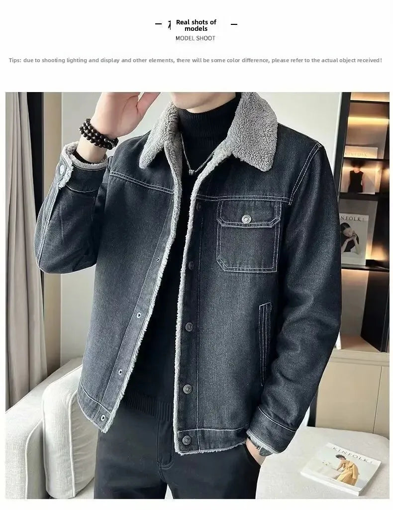 Men's Denim Jacket Winter Thickened Fleece Lined Fashionable New Arrival Hot Sale Of The Season Cotton Coat with Lamb Fur Collar