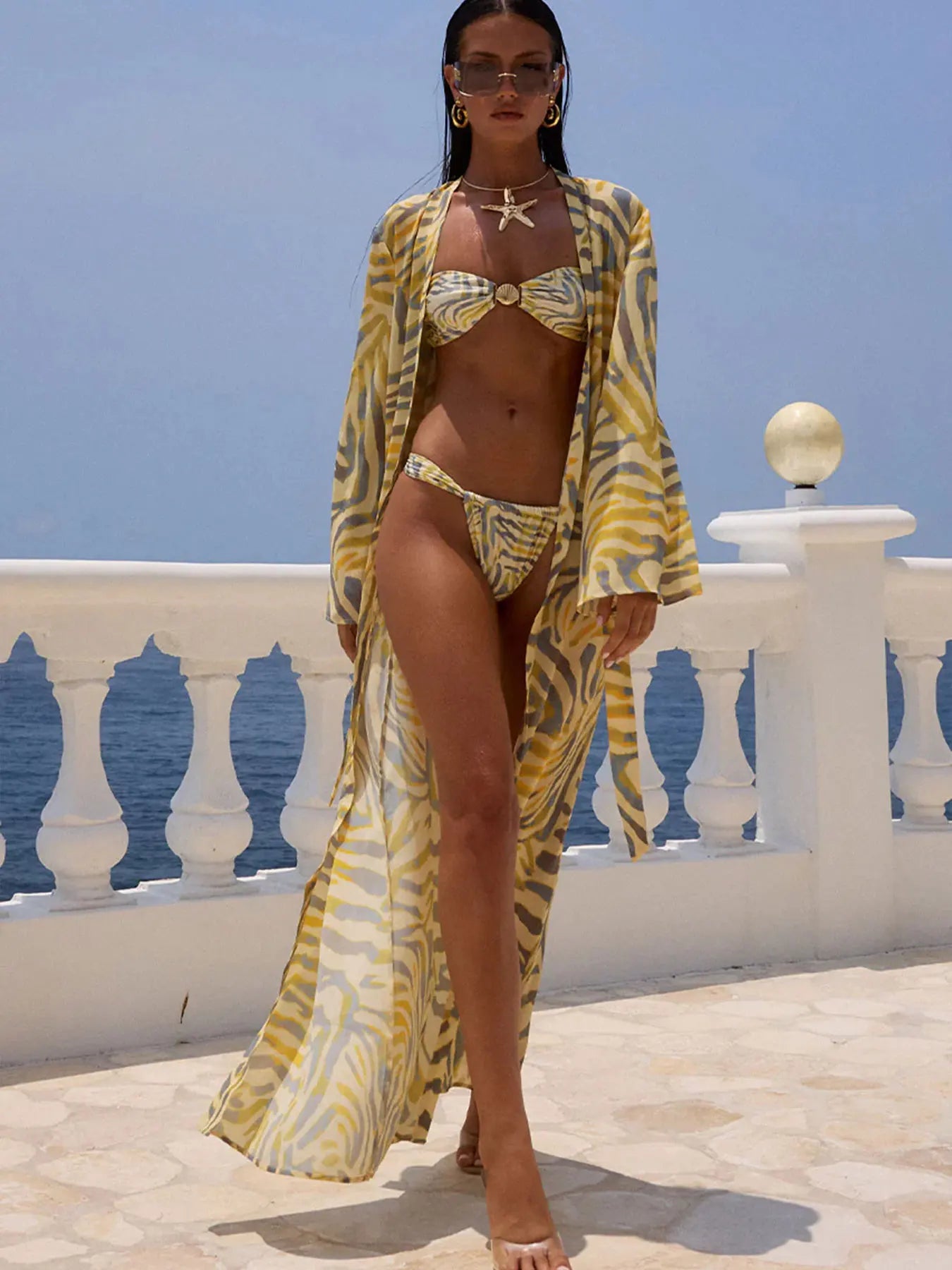 2025 Sexy Stylish Printed Printed Bikini Set with Long Cover-Up Perfect for Sunset Beach Parties and Beach Trips Summer Getaways