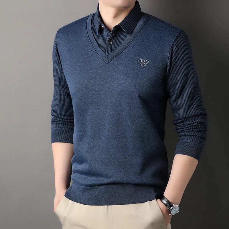 Autumn and Winter New Collection with Fleece Fake Two Piece Long Sleeved Polo Shirt for Men Fashionable and Casual Versatile Top