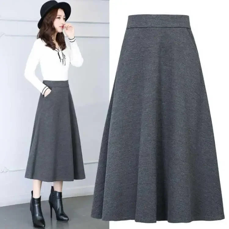 Autumn and Winter Solid Color Woolen Skirt Big Hem A- line Skirt High Waist Long Woman Skirts Mujer Faldas Saias Mulher