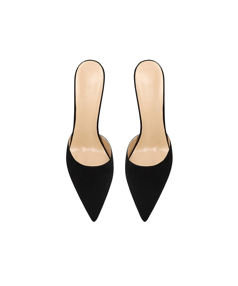 2025 new black suede high-heeled slippers with a warm and sexy temperament, pointed red bottom and slim heels for women