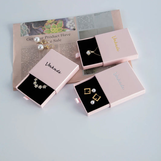 Wholesale 24pcs Custom Jewelry Packaging Box with logo Pink Cardboard Drawer Sliding Jewellery Earrings Ring Necklace Gift Boxes