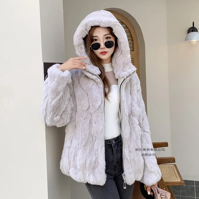 100% Real Rabbit Fur Coat Women Winter Loose Hooded Zipper Natural Fur Jacket Thick Warm Woman Clothing Female Furry Outerwears